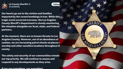 The Los Angeles County Sheriff’s Department posted condolence message on Iran bombings. (X/ Los Angeles County Sheriff’s Department) The Los Angeles County Sheriff’s Department posted condolence message on Iran bombings. (X/ Los Angeles County Sheriff’s Department)
