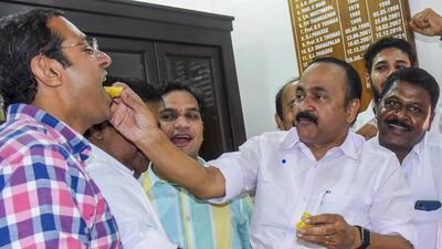 Leader of Opposition in the Kerala Assembly VD Satheesan celebrates the victory of Congress-led United Democratic Front in the Nilambur assembly constituency bypoll, in Kochi on Monday (PTI) Leader of Opposition in the Kerala Assembly VD Satheesan celebrates the victory of Congress-led United Democratic Front in the Nilambur assembly constituency bypoll, in Kochi on Monday (PTI)