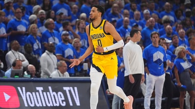 Indiana Pacers guard Tyrese Haliburton reacts after making a 3-pointer during the first half of Game 7 of the NBA Finals basketball series against the Oklahoma City Thunder Sunday, June 22, 2025, in Oklahoma City. (AP) Indiana Pacers guard Tyrese Haliburton reacts after making a 3-pointer during the first half of Game 7 of the NBA Finals basketball series against the Oklahoma City Thunder Sunday, June 22, 2025, in Oklahoma City. (AP)