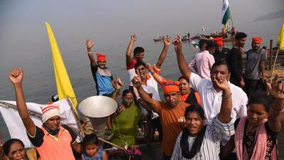 Navi Mumbai, India - February 26, 2021: Fishermen stage Channel Bandh agitation to protest against Union Government and JNPT in the middle of Arabian Sea by blocking JNPT water channel, over rehabilitation of fishing community in Uran in Navi Mumbai, India, on Friday, February 26, 2021. (Photo by Bachchan Kumar/ HT PHOTO) (HT PHOTO) Navi Mumbai, India - February 26, 2021: Fishermen stage Channel Bandh agitation to protest against Union Government and JNPT in the middle of Arabian Sea by blocking JNPT water channel, over rehabilitation of fishing community in Uran in Navi Mumbai, India, on Friday, February 26, 2021. (Photo by Bachchan Kumar/ HT PHOTO) (HT PHOTO)