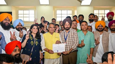 AAP leader Sanjeev Arora receives his victory certificate after winning the Ludhiana West by-election. (@AAPPunjab via PTI) AAP leader Sanjeev Arora receives his victory certificate after winning the Ludhiana West by-election. (@AAPPunjab via PTI)