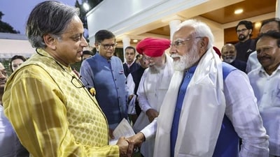 Prime Minister Narendra Modi greets Congress MP Shashi Tharoor as he meets members of the seven multi-party delegations at his residence in Delhi on Tuesday. (PTI) (HT_PRINT) Prime Minister Narendra Modi greets Congress MP Shashi Tharoor as he meets members of the seven multi-party delegations at his residence in Delhi on Tuesday. (PTI) (HT_PRINT)