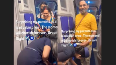 A lead cabin crew member surprised her parents onboard a flight, touching their feet in a heartfelt moment. (Instagram/ms.parmita ) A lead cabin crew member surprised her parents onboard a flight, touching their feet in a heartfelt moment. (Instagram/ms.parmita )