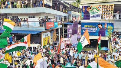 Supporters celebrate UDF candidate Aryadan Shoukath’s victory in the Nilambur assembly by-election, in Malappuram, on Monday. (PTI)