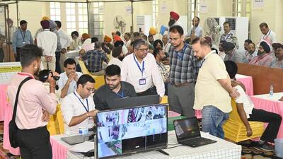 The counting of votes for the June 19 bypoll began at 8am on Monday at a centre set up at Khalsa College for Women in Ludhiana. (Gurpreet Singh/HT)