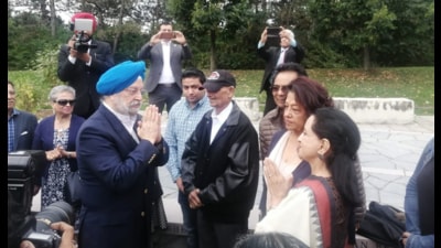 Union minister Hardeep Puri at a memorial in Cork. (X) Union minister Hardeep Puri at a memorial in Cork. (X)