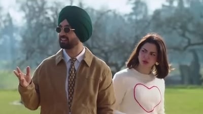 Diljit Dosanjh in a still from Sardaarji 3 with Hania Aamir. Diljit Dosanjh in a still from Sardaarji 3 with Hania Aamir.