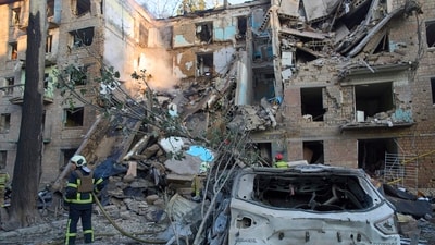 Firefighters work in a destroyed apartment building after a Russian attack in Kyiv, Ukraine, (AP) Firefighters work in a destroyed apartment building after a Russian attack in Kyiv, Ukraine, (AP)