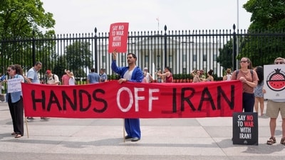 Demonstrators during a protest against war with Iran outside the White House in Washington, DC, US (Bloomberg) Demonstrators during a protest against war with Iran outside the White House in Washington, DC, US (Bloomberg)