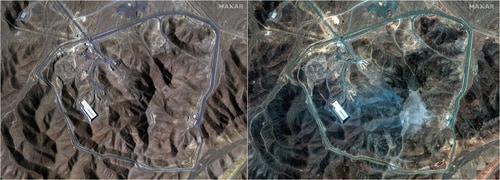 A combination picture shows satellite images over Fordow underground complex, before and after the U.S. struck the underground nuclear facility, near Qom, Iran, June 20, 2025 (L) and June 22, 2025. (Maxxar technologies/Reuters )
