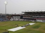Covers on the Headingley pitch as rain causes a stoppage in play.