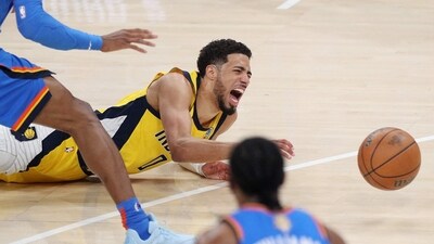 Tyrese Haliburton #0 of the Indiana Pacers sustains an injury during the first quarter against the Oklahoma City Thunder in Game Seven of the 2025 NBA Finals at Paycom Center on June 22, 2025 in Oklahoma City, Oklahoma. (Getty Images via AFP) Tyrese Haliburton #0 of the Indiana Pacers sustains an injury during the first quarter against the Oklahoma City Thunder in Game Seven of the 2025 NBA Finals at Paycom Center on June 22, 2025 in Oklahoma City, Oklahoma. (Getty Images via AFP)
