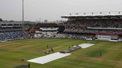 Covers on the Headingley pitch as rain causes a stoppage in play. (AFP) Covers on the Headingley pitch as rain causes a stoppage in play. (AFP)