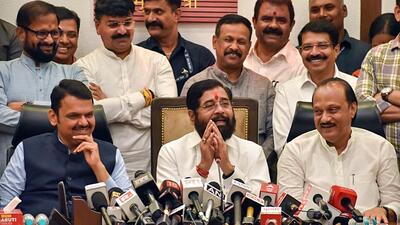 Mumbai, Nov 23 (ANI): Maharashtra Chief Minister Eknath Shinde with Deputy CMs Ajit Pawar and Devendra Fadnavis address a press conference as the Mahayuti is set to form the government in the state, at Varsha Bungalow in Mumbai on Saturday. (ANI Photo) (Deepak Salvi) Mumbai, Nov 23 (ANI): Maharashtra Chief Minister Eknath Shinde with Deputy CMs Ajit Pawar and Devendra Fadnavis address a press conference as the Mahayuti is set to form the government in the state, at Varsha Bungalow in Mumbai on Saturday. (ANI Photo) (Deepak Salvi)