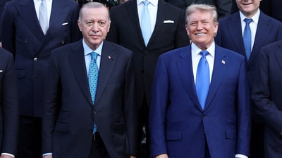 Turkey's President Tayyip Erdogan and U.S. President Donald Trump pose for a picture ahead of a dinner hosted by Dutch King Willem-Alexander and Dutch Queen Maxima, on the sidelines of a NATO Summit, at Huis ten Bosch Palace in The Hague, Netherlands June 24, 2025. (Reuters)