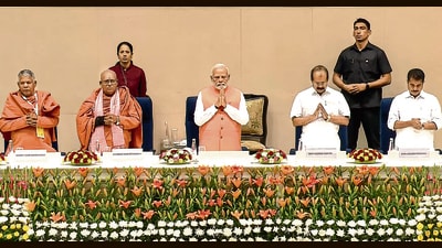 Prime Minister Narendra Modi attends the centenary celebration meeting of the historic conversation between Sree Narayana Guru and Mahatma Gandhi in New Delhi. (PTI) Prime Minister Narendra Modi attends the centenary celebration meeting of the historic conversation between Sree Narayana Guru and Mahatma Gandhi in New Delhi. (PTI)