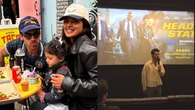 Priyanka Chopra reacted as Joe Jonas introduced her film at Heads of State at its screening. Priyanka Chopra reacted as Joe Jonas introduced her film at Heads of State at its screening.