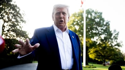 US President Donald Trump speaks to members of the media on the South Lawn of the White House before boarding Marine One in Washington, DC, US, on Tuesday, June 24, 2025. (Bloomberg)