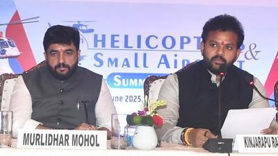 Union minister of state for civil aviation Murlidhar Mohol and civil aviation minister K Rammohan Naidu (R) at aircraft summit in Pune on Tuesday. (HT) Union minister of state for civil aviation Murlidhar Mohol and civil aviation minister K Rammohan Naidu (R) at aircraft summit in Pune on Tuesday. (HT)