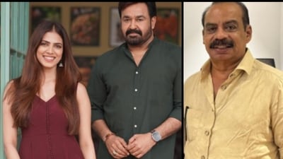Hridayapoorvam actors Malavika Mohanan, Mohanlal, and director Sathyan Anthikad Hridayapoorvam actors Malavika Mohanan, Mohanlal, and director Sathyan Anthikad