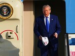 President Donald Trump arrives at Amsterdam Schiphol Airport ahead of the NATO summit, taking place in The Hague, Netherlands, Tuesday, June 24, 2025. (AP Photo/Peter Dejong)