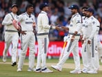 India's captain Shubman Gill, third left, celebrates with teammates after the dismissal of England captain Ben Stokes on day five of the first cricket test match between England and India India's captain Shubman Gill, third left, celebrates with teammates after the dismissal of England captain Ben Stokes on day five of the first cricket test match between England and India