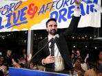 Zohran Mamdani gestures as he speaks during a watch party for his primary election, which includes his bid to become the Democratic candidate for New York City mayor in the upcoming November 2025 election, 