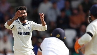 India's Ravindra Jadeja reacts after bowling a delivery to England's Joe Root on day five of the first cricket Test match between England and India (AP) India's Ravindra Jadeja reacts after bowling a delivery to England's Joe Root on day five of the first cricket Test match between England and India (AP)