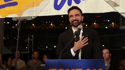 Democratic mayoral candidate Zohran Mamdani takes the stage at his primary election party, Wednesday, June 25, 2025, in New York. AP/PTI(AP06_25_2025_000028A) (AP) Democratic mayoral candidate Zohran Mamdani takes the stage at his primary election party, Wednesday, June 25, 2025, in New York. AP/PTI(AP06_25_2025_000028A) (AP)