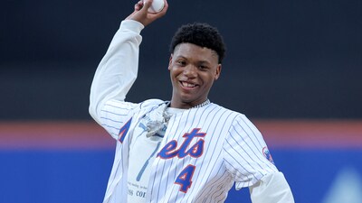 NBA draft prospect Ace Bailey throws out a ceremonial first pitch before a game between the New York Mets and the Atlanta Braves at Citi Field. (IMAGN IMAGES via Reuters Connect)