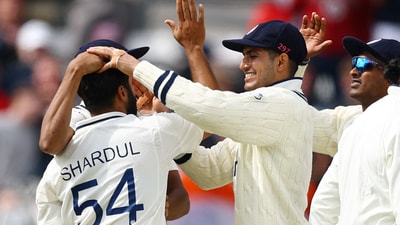 India's Shardul Thakur celebrates taking the wicket of England's Ben Duckett with Shubman Gill (Action Images via Reuters)