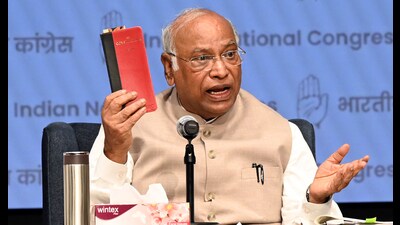 Congress President Mallikarjun Kharge addressing a press conference at Indira Bhawan in New Delhi. (HT PHOTO) Congress President Mallikarjun Kharge addressing a press conference at Indira Bhawan in New Delhi. (HT PHOTO)