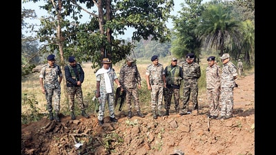 DGP Ashok Juneja, ADGP Vivekanand, IG CRPF Rakesh Agarwal, IG Bastar Sundarraj, and other senior officials during their visit to the site where an IED blast occurred on the security force's vehicle. (ANI) DGP Ashok Juneja, ADGP Vivekanand, IG CRPF Rakesh Agarwal, IG Bastar Sundarraj, and other senior officials during their visit to the site where an IED blast occurred on the security force's vehicle. (ANI)