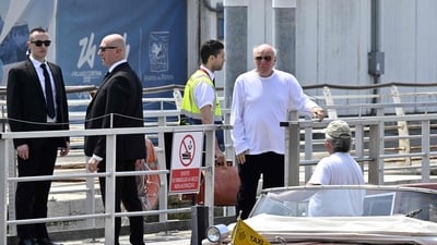US businessman Barry Diller (R) boards a taxi-boat after his arrival at Venice Marco Polo airport ahead of Jeff Bezos' wedding on June 25, 2025 (AFP) US businessman Barry Diller (R) boards a taxi-boat after his arrival at Venice Marco Polo airport ahead of Jeff Bezos' wedding on June 25, 2025 (AFP)