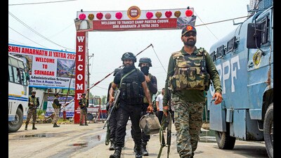 Jammu and Kashmir Police Special Operation Group (SOG) personnel during a mock drill on coordination and emergency response, ahead of the annual Amarnath Yatra, at a transit camp at Pantha Chowk, on the outskirts of Srinagar on Wednesday. (PTI)