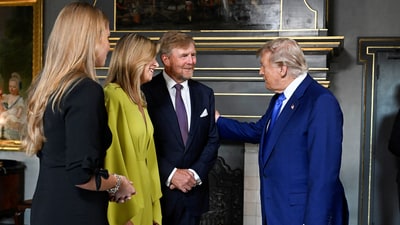 Dutch King Willem-Alexander, Queen Maxima and Princess Catharina-Amalia greet U.S. President Donald Trump ahead of a dinner, on the sidelines of a NATO Summit, at Huis ten Bosch Palace in The Hague, Netherlands June 24, 2025. MISCHA SCHOEMAKER/Pool via REUTERS (via REUTERS)