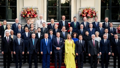 President Donald Trump, along with the King Willem-Alexander and Queen Maxima of the Netherlands, poses for a family photo as he participates in the 2025 NATO summit in The Hague, on Tuesday, June 24, 2025. Haiyun Jiang/Pool via REUTERS (via REUTERS)