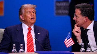 US President Donald Trump and NATO Secretary General Mark Rutte speak at the start of a NATO leaders summit in The Hague, Netherlands June 25, 2025. Trump told reporters that there were "numerous definitions" of Article 5, which compels members to protect one another from assault, but Rutte said there is "absolute clarity" over his commitment to NATO. (AFP) US President Donald Trump and NATO Secretary General Mark Rutte speak at the start of a NATO leaders summit in The Hague, Netherlands June 25, 2025. Trump told reporters that there were "numerous definitions" of Article 5, which compels members to protect one another from assault, but Rutte said there is "absolute clarity" over his commitment to NATO. (AFP)