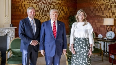 US President Donald Trump (C) poses with King Willem-Alexander of the Netherlands and Queen Maxima at Paleis Huis ten Bosch in The in Hague on June 25, 2025. NATO leaders hold a two-day summit on June 24 and 25 in The Hague. (Photo by Frank van Beek / ANP / AFP) / Netherlands OUT (AFP) US President Donald Trump (C) poses with King Willem-Alexander of the Netherlands and Queen Maxima at Paleis Huis ten Bosch in The in Hague on June 25, 2025. NATO leaders hold a two-day summit on June 24 and 25 in The Hague. (Photo by Frank van Beek / ANP / AFP) / Netherlands OUT (AFP)