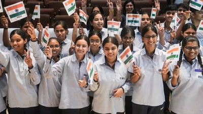 Students celebrate as they watch the live broadcast of Axiom 4 space mission, in Lucknow, Wednesday, June 25, 2025. Indian astronaut Shubhanshu Shukla along with three others embarked on a space odyssey to the International Space Station as part of a commercial mission by Axiom Space on Wednesday. (PTI) Students celebrate as they watch the live broadcast of Axiom 4 space mission, in Lucknow, Wednesday, June 25, 2025. Indian astronaut Shubhanshu Shukla along with three others embarked on a space odyssey to the International Space Station as part of a commercial mission by Axiom Space on Wednesday. (PTI)