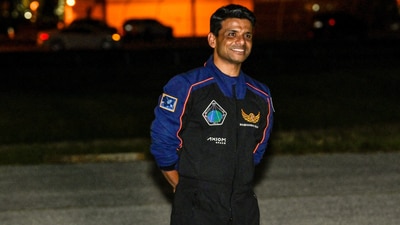 Axiom-4 Pilot Shubhanshu Shukla of India reacts as he greets his family members before their mission to the International Space Station, in Cape Canaveral, Florida, U.S., June 24, 2025. (REUTERS)