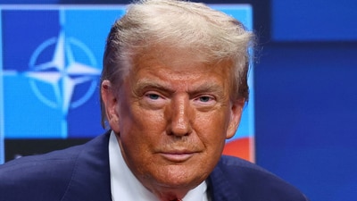 US President Donald Trump reacts during a press conference at a NATO summit in The Hague, Netherlands, June 25, 2025. (Reuters)