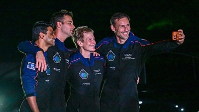 (L-R) ISRO astronaut Shubhanshu Shukla, Hungarian astronaut Tibor Kapu, US astronaut Peggy Whitson and Polish astronaut Slawosz Uznanski-Wisniewski pose for a picture ahead of the Axiom-4 mission. (AFP) (L-R) ISRO astronaut Shubhanshu Shukla, Hungarian astronaut Tibor Kapu, US astronaut Peggy Whitson and Polish astronaut Slawosz Uznanski-Wisniewski pose for a picture ahead of the Axiom-4 mission. (AFP)