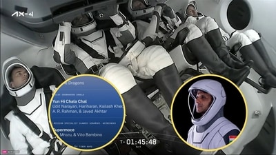 Shubhanshu Shukla with other astronauts on Crew Dragon. (Inset) The #Ax4 crew share their launch-day playlist. (X/ISROSpaceflight & X/Axiom_Space) Shubhanshu Shukla with other astronauts on Crew Dragon. (Inset) The #Ax4 crew share their launch-day playlist. (X/ISROSpaceflight & X/Axiom_Space)