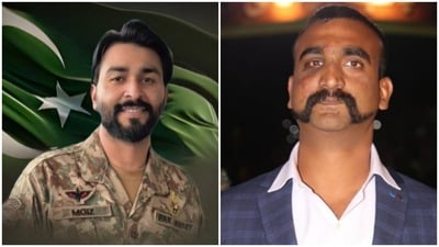 In the photo: Pakistani Army officer Moiz Abbas Shah (left). Indian pilot Abhinandan Varthaman, who was part of the Combat Air Patrol responding to the intrusion, was captured after his jet was shot down over Pakistan-occupied Kashmir in 2019. In the photo: Pakistani Army officer Moiz Abbas Shah (left). Indian pilot Abhinandan Varthaman, who was part of the Combat Air Patrol responding to the intrusion, was captured after his jet was shot down over Pakistan-occupied Kashmir in 2019.