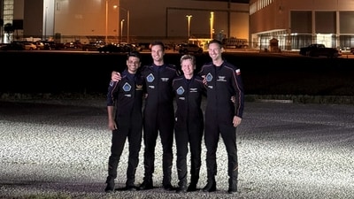 In this image released by @CommanderMLA via X on June 25, 2025, Axiom Mission 4 crew, ISRO (Indian Space Research Organisation) astronaut and IAF Group Captain Shubhanshu Shukla is seen on the extreme left. (@CommanderMLA) In this image released by @CommanderMLA via X on June 25, 2025, Axiom Mission 4 crew, ISRO (Indian Space Research Organisation) astronaut and IAF Group Captain Shubhanshu Shukla is seen on the extreme left. (@CommanderMLA)