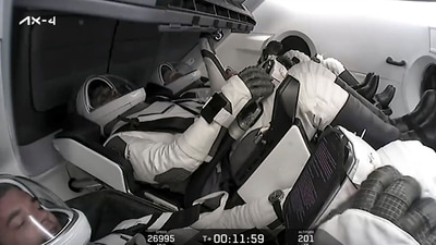 In this screenshot via @Axiom_Space on X on June 25, 2025, Indian astronaut Shubhanshu Shukla and three others aboard the SpaceX Dragon spacecraft bound for the International Space Station. (@Axiom_Space) In this screenshot via @Axiom_Space on X on June 25, 2025, Indian astronaut Shubhanshu Shukla and three others aboard the SpaceX Dragon spacecraft bound for the International Space Station. (@Axiom_Space)