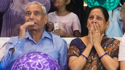 Indian astronaut Shubhanshu Shukla's parents Shambhu Shukla and Asha Shukla react as they watch the live broadcast of Axiom 4 space mission, in Lucknow, Wednesday, June 25, 2025. (PTI) Indian astronaut Shubhanshu Shukla's parents Shambhu Shukla and Asha Shukla react as they watch the live broadcast of Axiom 4 space mission, in Lucknow, Wednesday, June 25, 2025. (PTI)