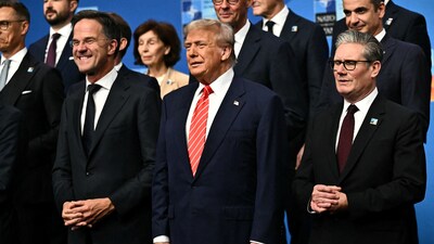 NATO secretary general Mark Rutte, US President Donald Trump and Britain's Prime Minister Keir Starmer pose with NATO country leaders for a family photo. (REUTERS)