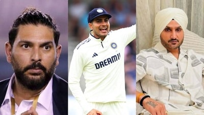Yuvraj Singh, left and Harbhajan Singh, right, reacted to India's loss under Shubman Gill, centre. (PTI/AP/Harbhajan insta) Yuvraj Singh, left and Harbhajan Singh, right, reacted to India's loss under Shubman Gill, centre. (PTI/AP/Harbhajan insta)